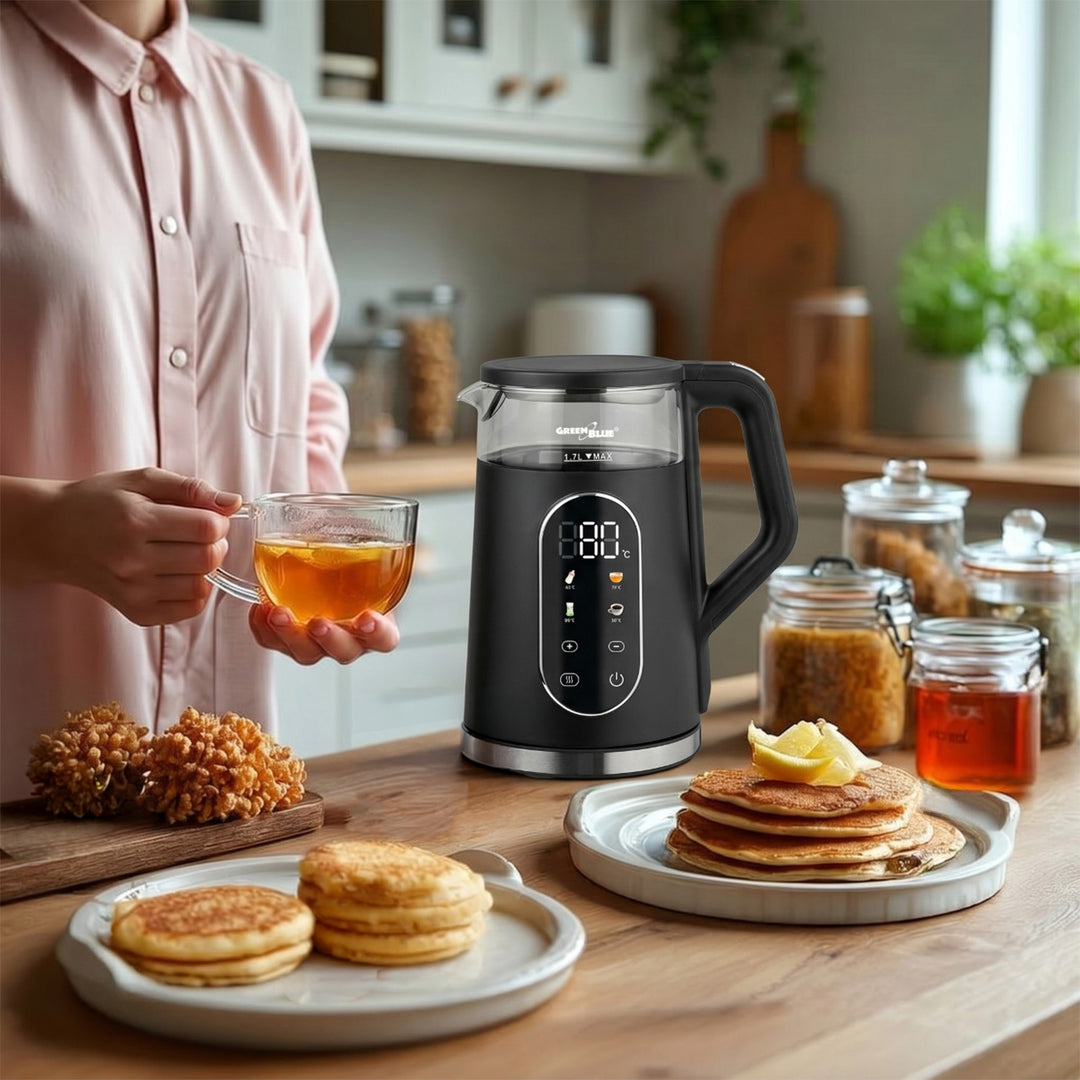 Bouilloire électrique sans fil GreenBlue, capacité 1,7 l, réservoir en verre, affichage clair, sélection de la température, 2200 W, GB670 B