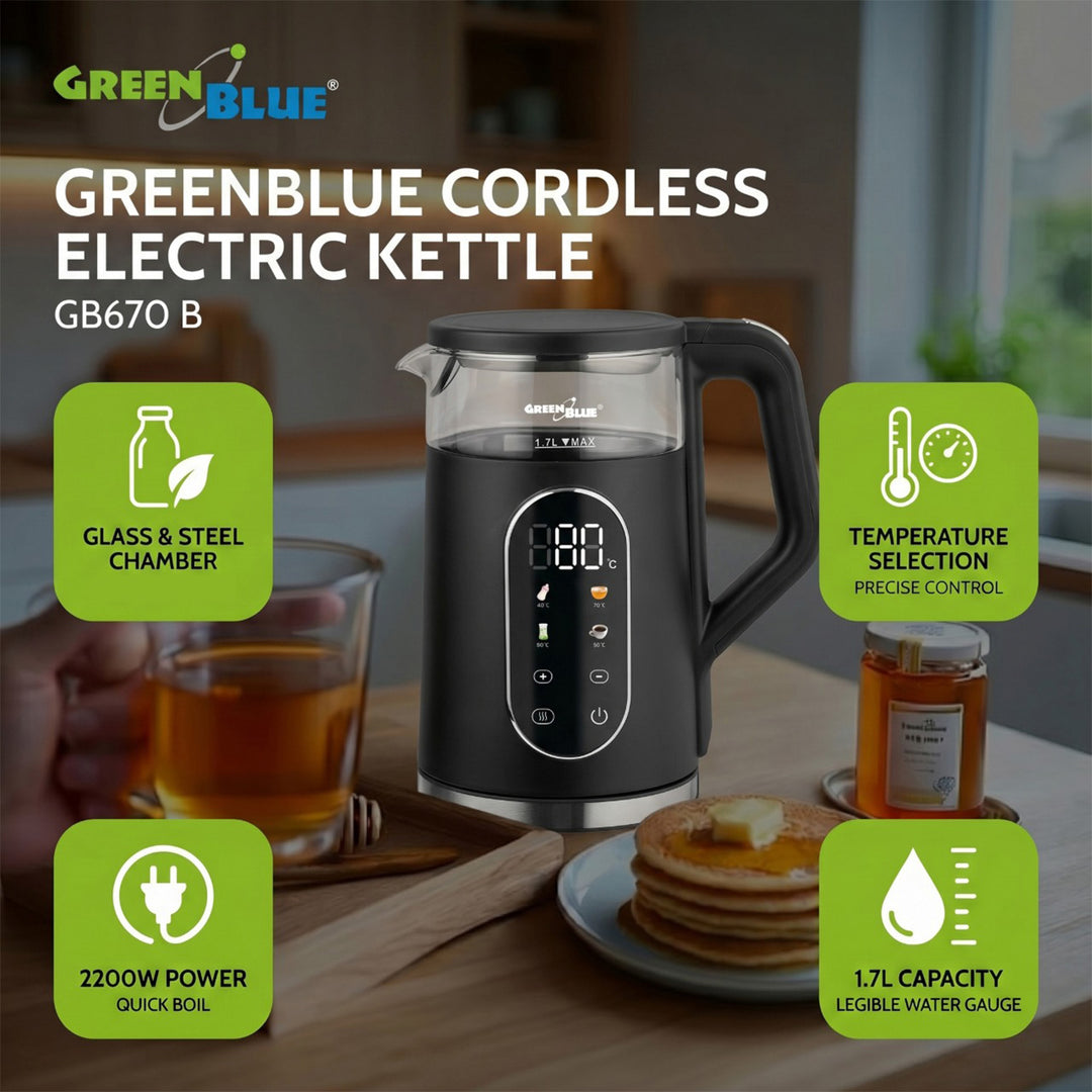 Bouilloire électrique sans fil GreenBlue, capacité 1,7 l, réservoir en verre, affichage clair, sélection de la température, 2200 W, GB670 B