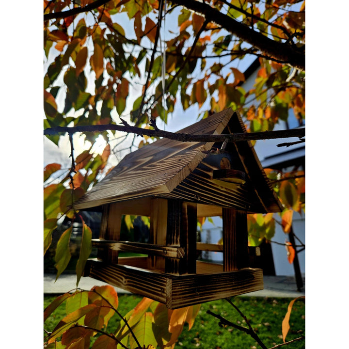 Mangeoire à oiseaux Woodok, en bois, cuite, crochet de suspension + graines pour oiseaux 1kg