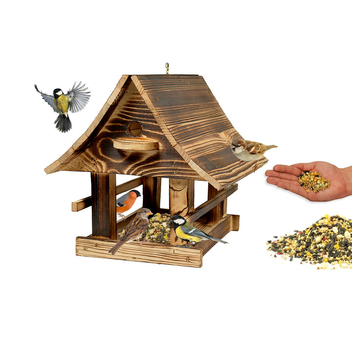 Mangeoire à oiseaux Woodok, en bois, cuite, crochet de suspension + graines pour oiseaux 1kg