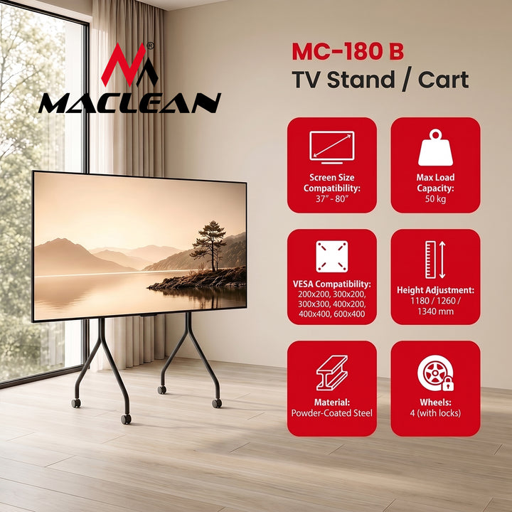 Support / chariot pour téléviseur Maclean, sur roulettes, 37-80", charge max. 50 kg, VESA max. 600 x 400, noir, MC-180 B