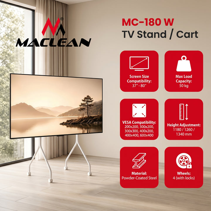 Support / chariot pour téléviseur Maclean, sur roulettes, 37-80", charge max. 50 kg, VESA max. 600 x 400, blanc, MC-180 W