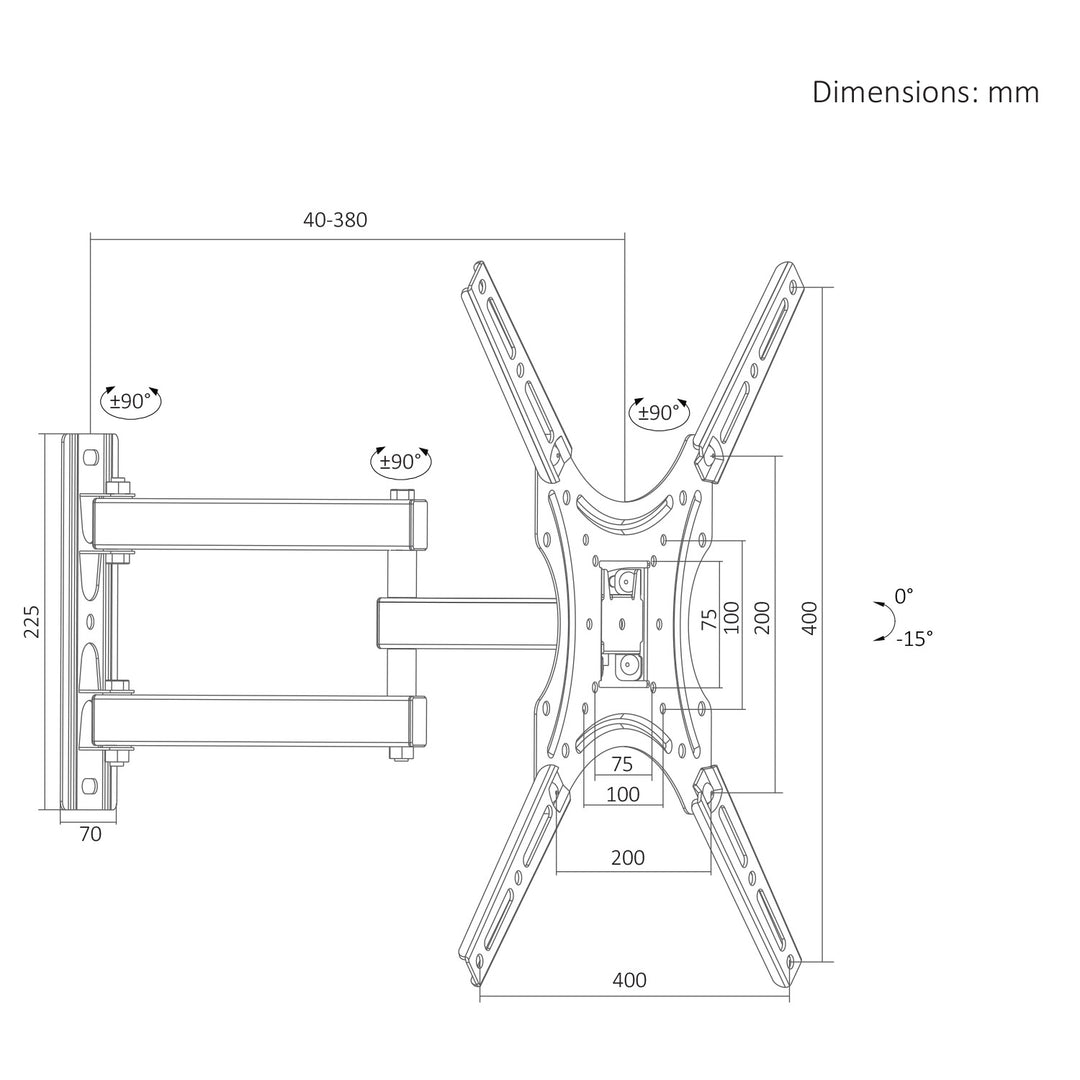Support / fixation pour téléviseur Maclean, VESA max. 400 x 400, 32-55 pouces, jusqu'à 25 kg, noir, inclinaison réglable de 0° à -15° et rotation de +90° à -90°, MC-190