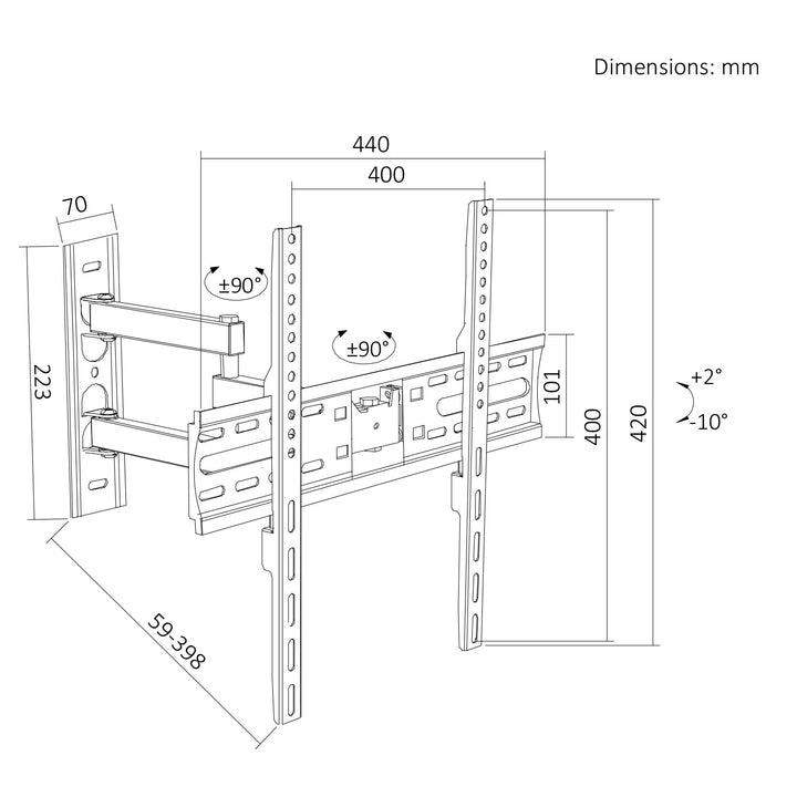 Support / fixation pour téléviseur Maclean, VESA max. 400x400, 32-55 pouces, jusqu'à 30 kg, noir, réglage de l'inclinaison de +2° à -10° et de la rotation de +90° à -90°, MC-191