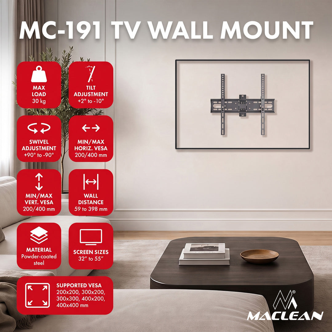 Support / fixation pour téléviseur Maclean, VESA max. 400x400, 32-55 pouces, jusqu'à 30 kg, noir, réglage de l'inclinaison de +2° à -10° et de la rotation de +90° à -90°, MC-191