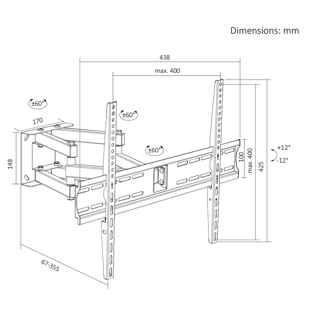 Support / fixation pour téléviseur Maclean, VESA max. 400x400, 32-70", jusqu'à 40 kg, noir, réglage de l'inclinaison +12°~-12° et de la rotation +60°~-60°, MC-192