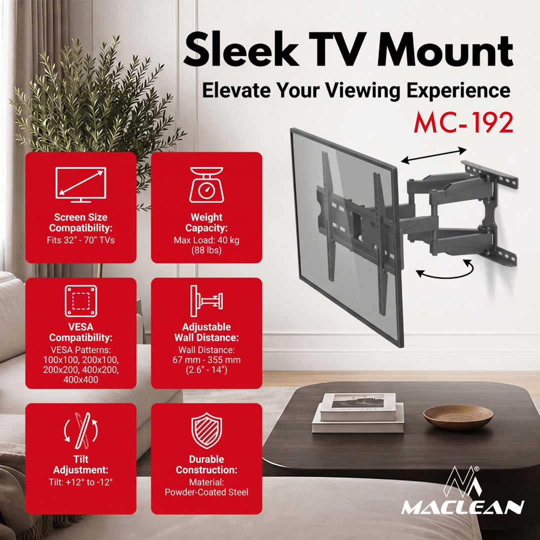 Support / fixation pour téléviseur Maclean, VESA max. 400x400, 32-70", jusqu'à 40 kg, noir, réglage de l'inclinaison +12°~-12° et de la rotation +60°~-60°, MC-192