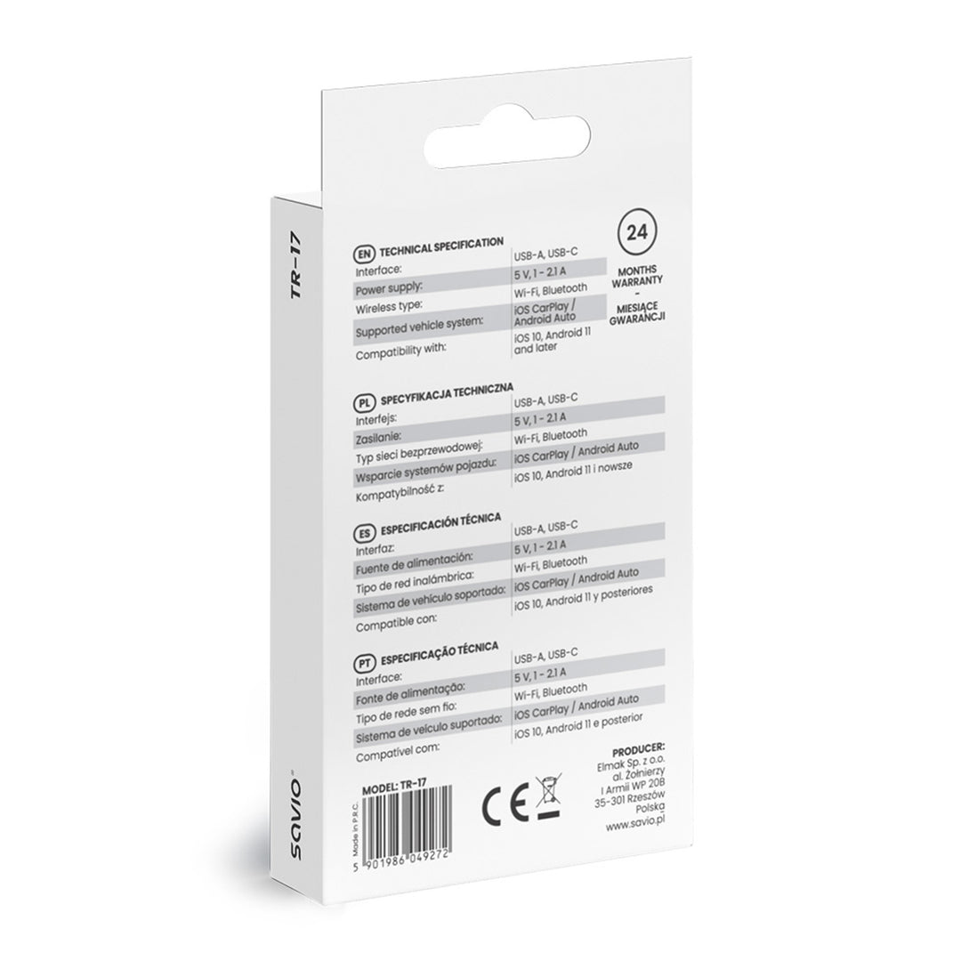 Adaptateur Savio, CarPlay, Android Auto, Bluetooth, Wi-Fi, SAVTR-17