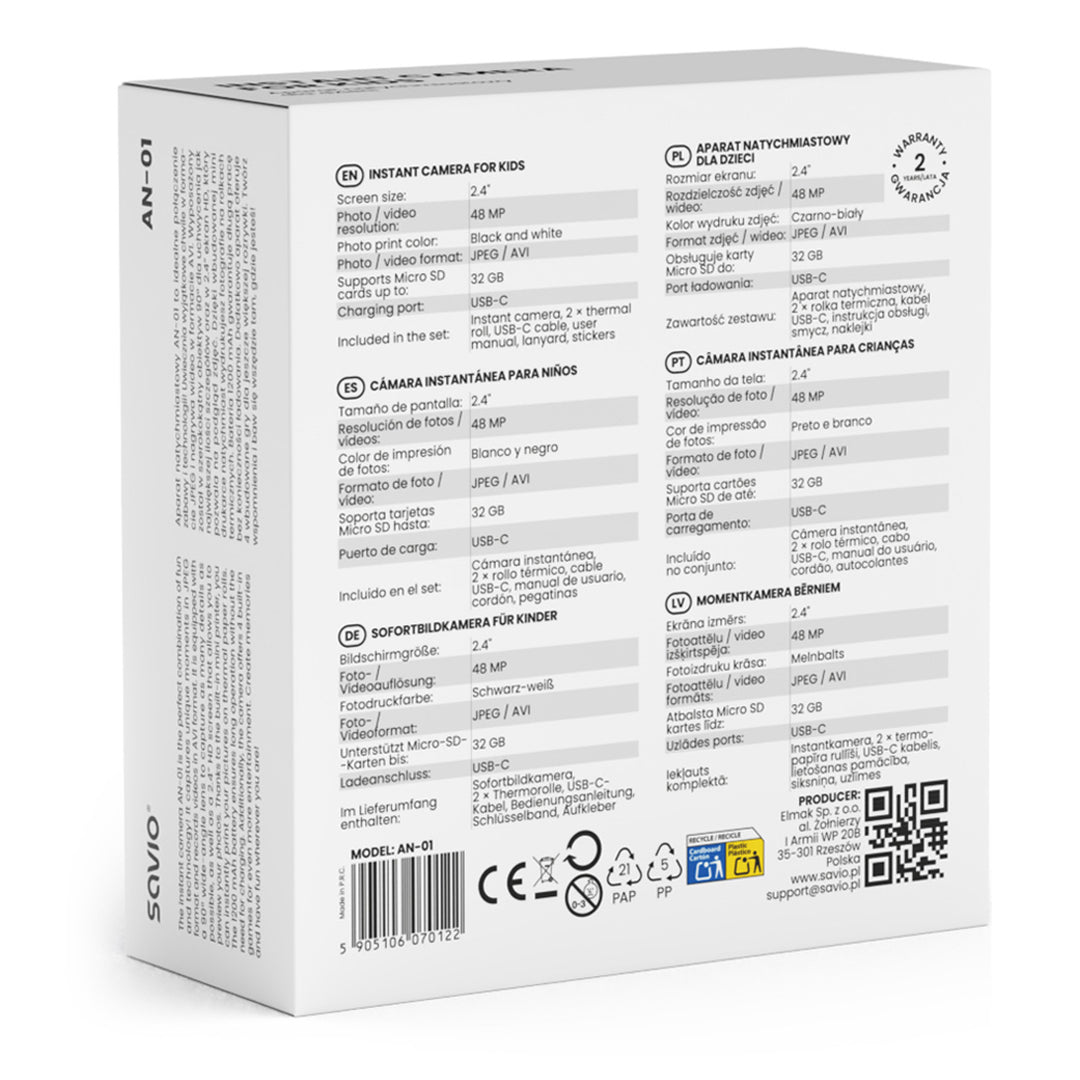 Appareil photo instantané Savio pour enfants, résolution 48MP, écran 2.4'', 2 rouleaux thermiques, SAVAN-01