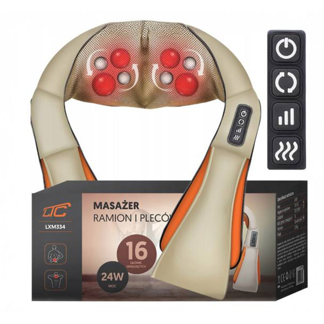 Masseur d'épaules LTC Shiatsu 6D, 3 vitesses, 5V, 24W, Fonction de chauffage, Rétro-éclairage LED, Sangles antidérapantes