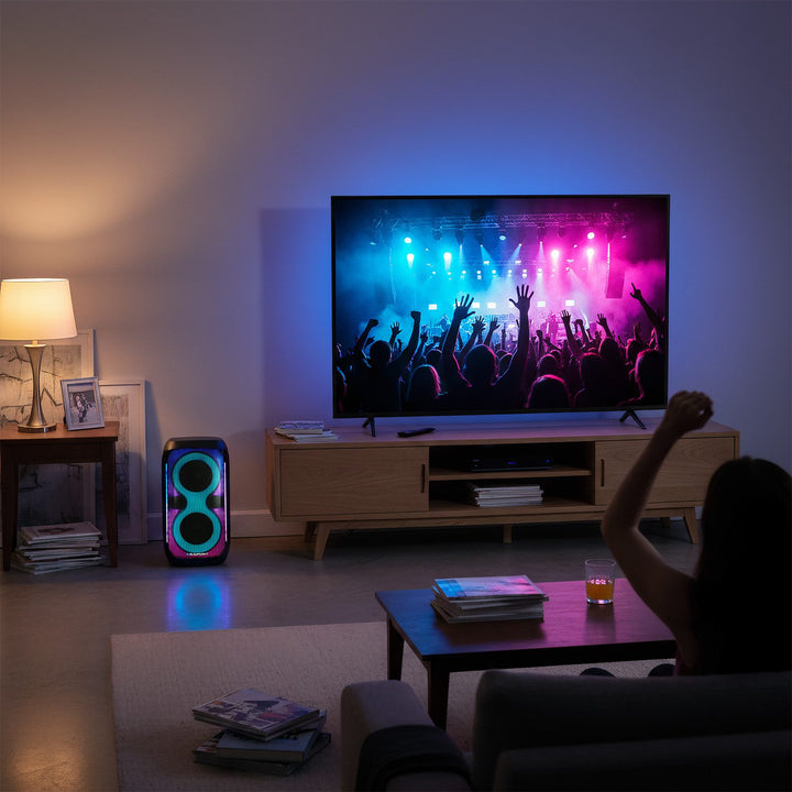 Enceinte Blaupunkt Party Box, éclairage LED, Bluetooth, USB et AUX, radio FM, fonction karaoké, télécommande, autonomie de la batterie jusqu'à 18h, PB60X