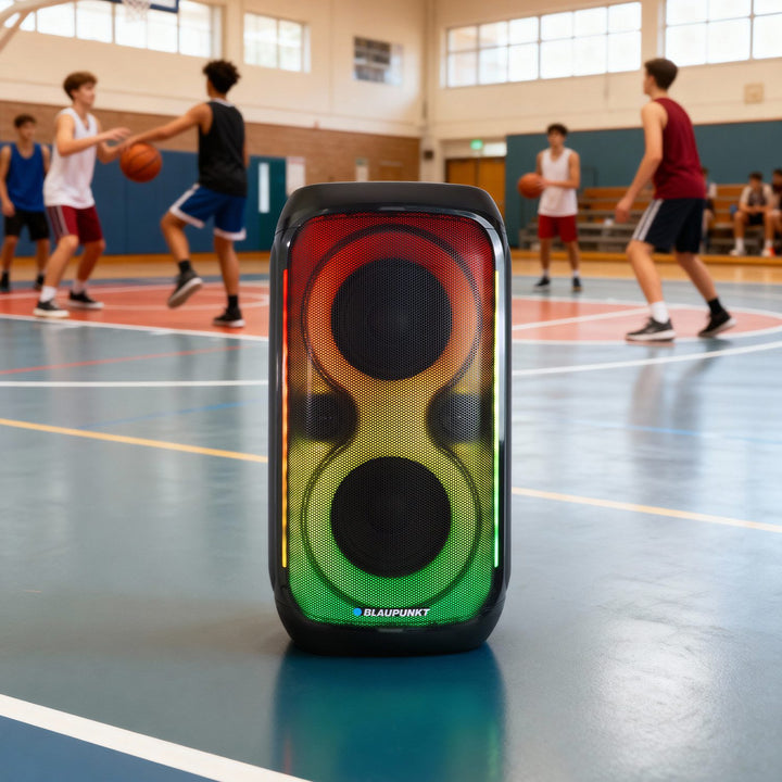 Enceinte Blaupunkt Party Box, éclairage LED, Bluetooth, USB et AUX, radio FM, fonction karaoké, télécommande, autonomie de la batterie jusqu'à 18h, PB60X