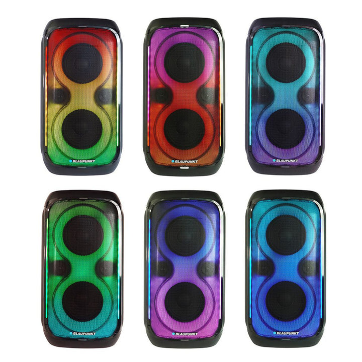 Enceinte Blaupunkt Party Box, éclairage LED, Bluetooth, USB et AUX, radio FM, fonction karaoké, télécommande, autonomie de la batterie jusqu'à 18h, PB60X
