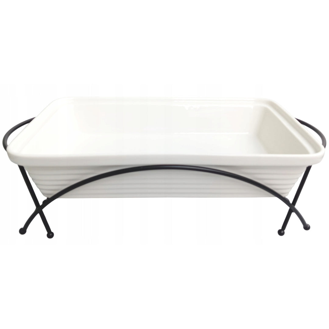 Chauffe-plats céramique Maestro, rectangulaire, blanc, capacité 2,4L, utilisable au four, grille et couvercle avec poignée inclus, MR-11562-73