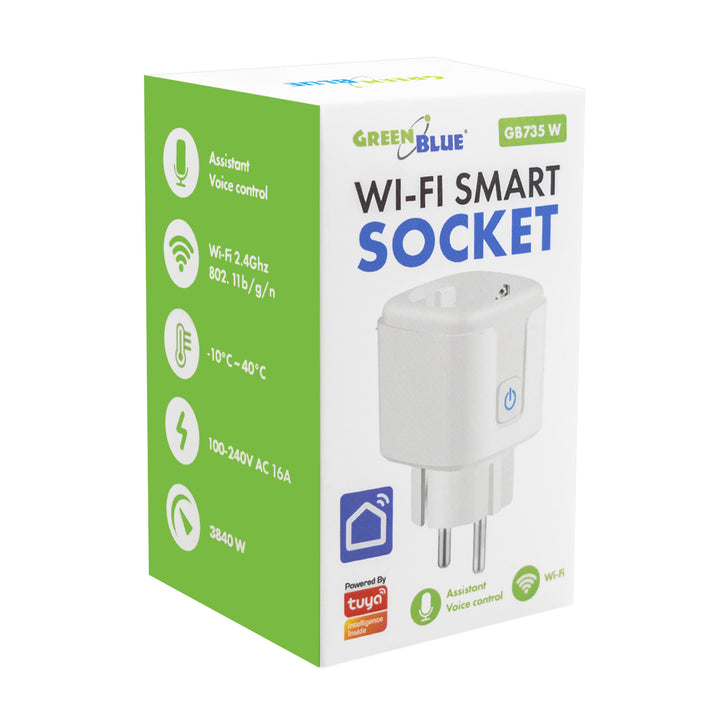 Prise WiFi GreenBlue à commande à distance, compatible Android/iOS/Alexa/Google Home, minuterie, compteur de consommation, max. 16 A/3 840 W, GB735 W