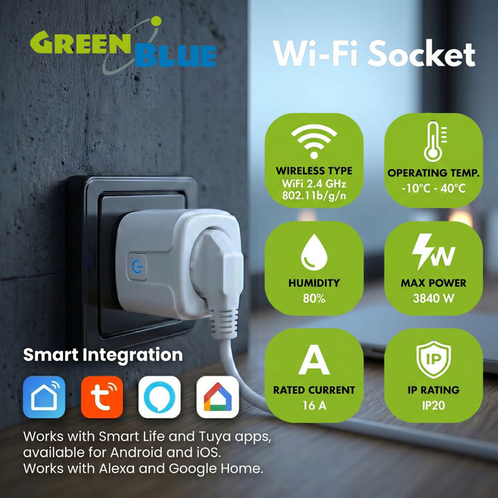 Prise WiFi GreenBlue à commande à distance, compatible Android/iOS/Alexa/Google Home, minuterie, compteur de consommation, max. 16 A/3 840 W, GB735 W