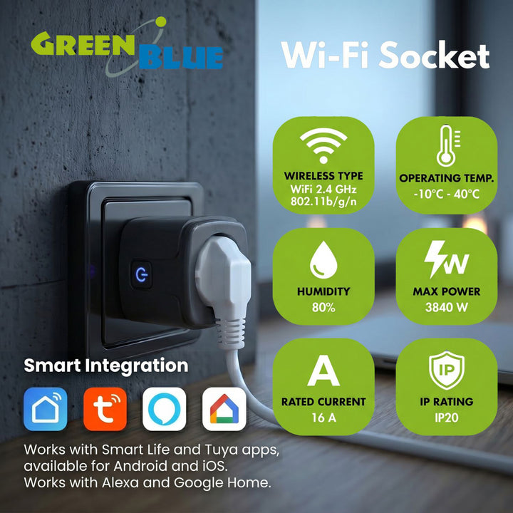 Prise WiFi GreenBlue à commande à distance, compatible Android/iOS/Alexa/Google Home, minuterie, compteur de consommation, max. 16 A/3 840 W, GB735 B