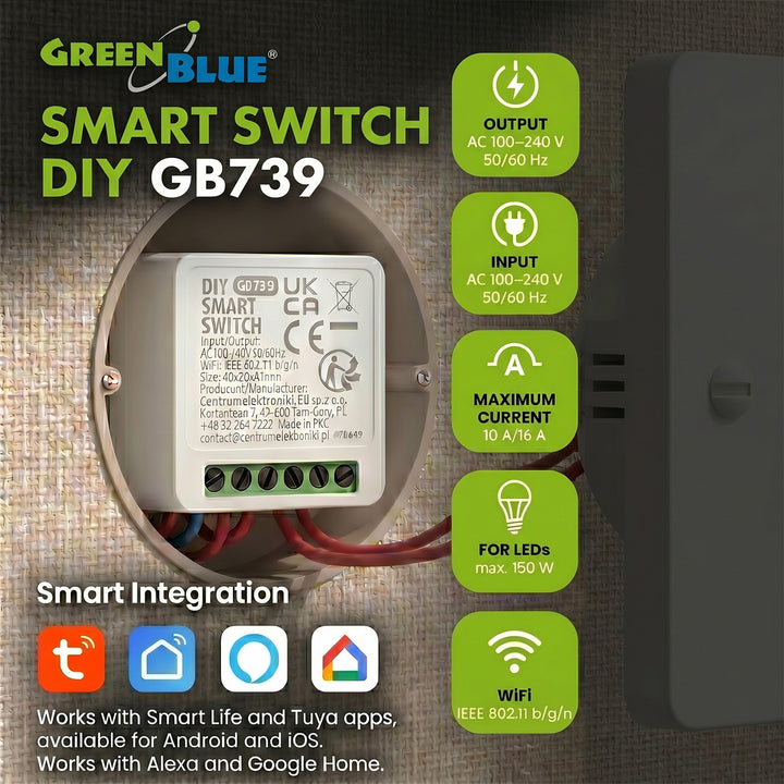 Relais WiFi encastrable GreenBlue, compatible Android/iOS/Alexa/Google Home, 100-240 V CA, 50/60 Hz, max. 16 A, pour LED 150 W, GB739