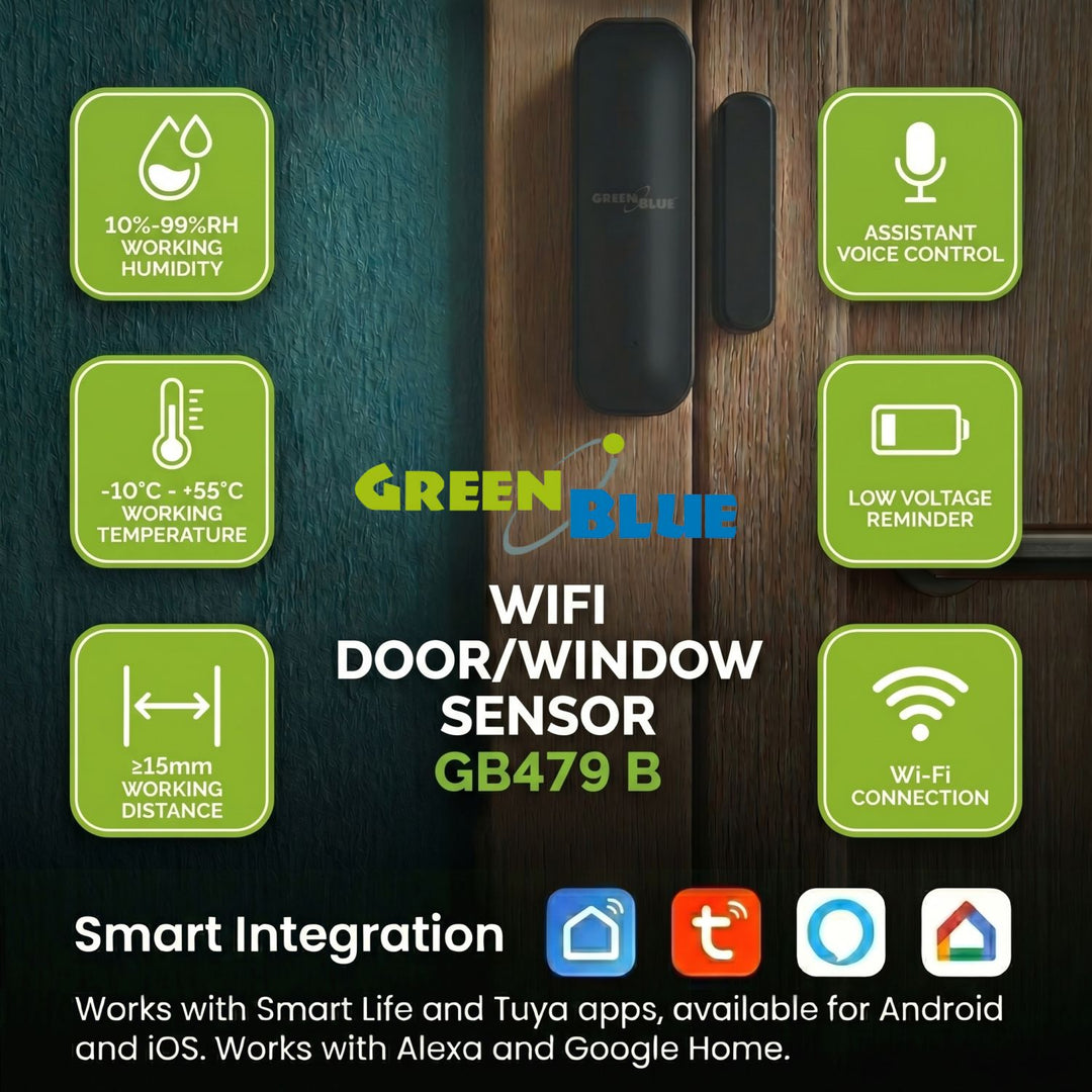 Contacteur sans fil / capteur d'ouverture WiFi GreenBlue, Android/iOS, pour portes / fenêtres, 3,0 V CC, LR03x2, GB479 B