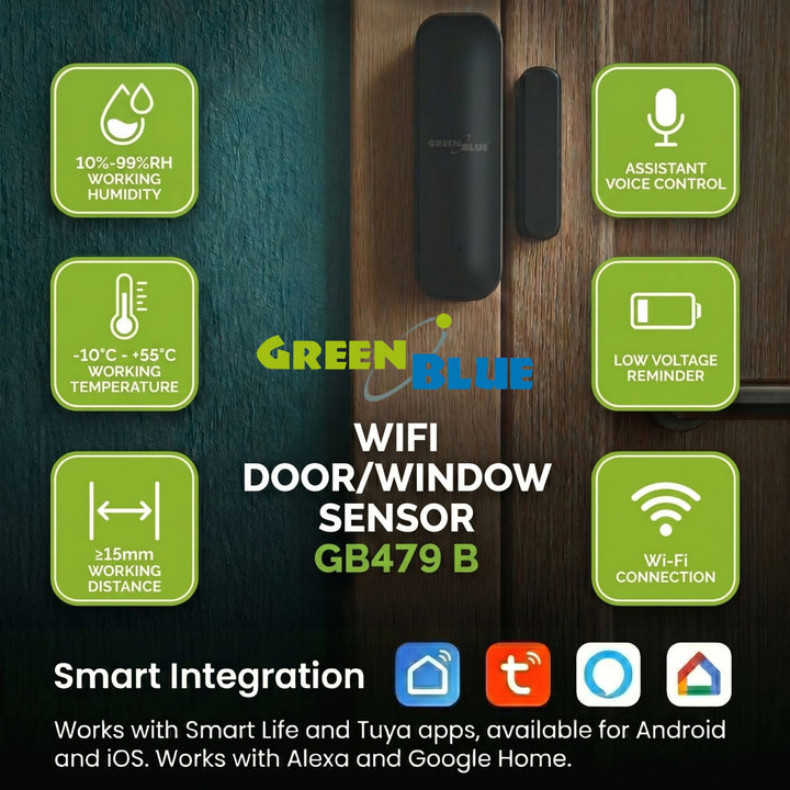 Contacteur sans fil / capteur d'ouverture WiFi GreenBlue, Android/iOS, pour portes / fenêtres, 3,0 V CC, LR03x2, GB479 B