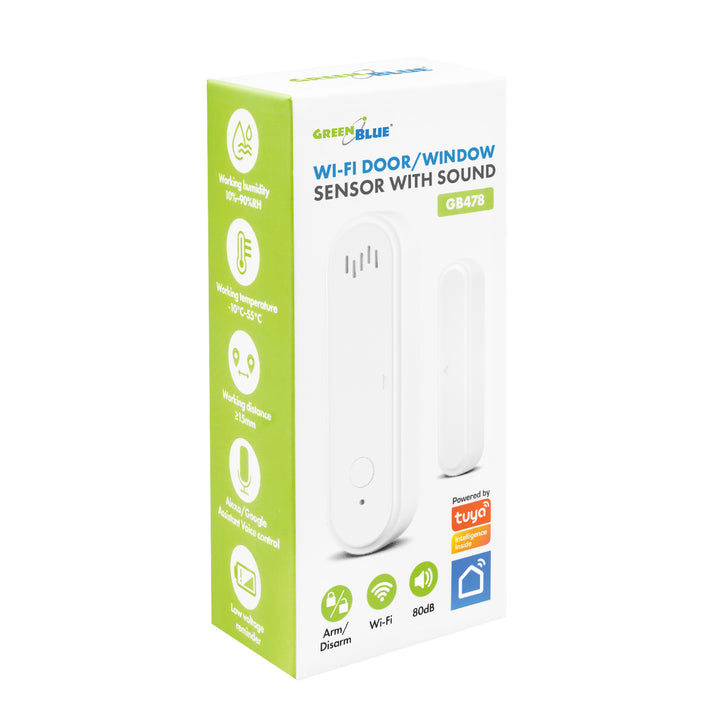 Contacteur sans fil / capteur d'ouverture WiFi GreenBlue, Android/iOS, pour portes / fenêtres, 3,0 V CC, LR03x2, avec alarme, GB478