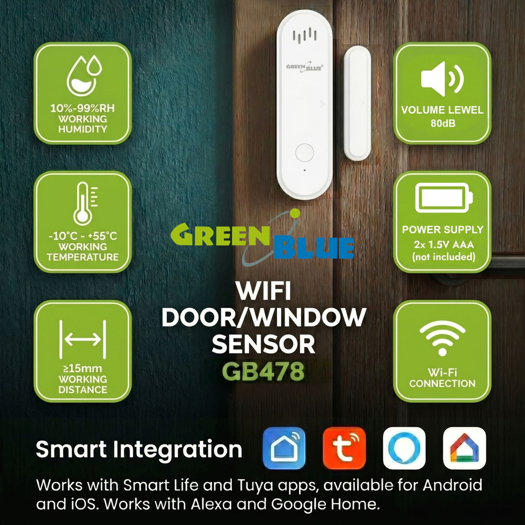 Contacteur sans fil / capteur d'ouverture WiFi GreenBlue, Android/iOS, pour portes / fenêtres, 3,0 V CC, LR03x2, avec alarme, GB478