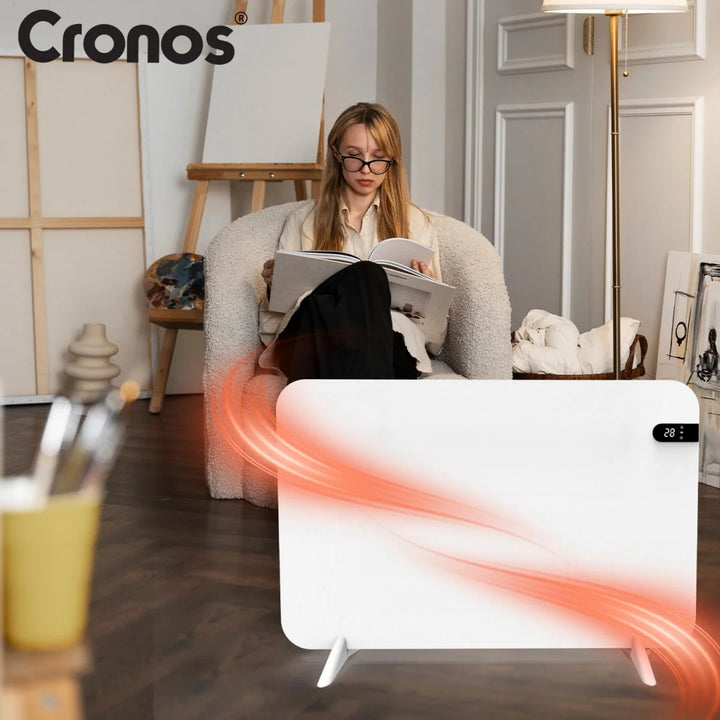 Radiateur électrique Cronos, couleur blanche, puissance 450 W, chauffe une pièce jusqu'à 14 m², thermostat intégré, commande par télécommande, fonction de détection de fenêtre ouverte, pieds inclus, WFH-450TW