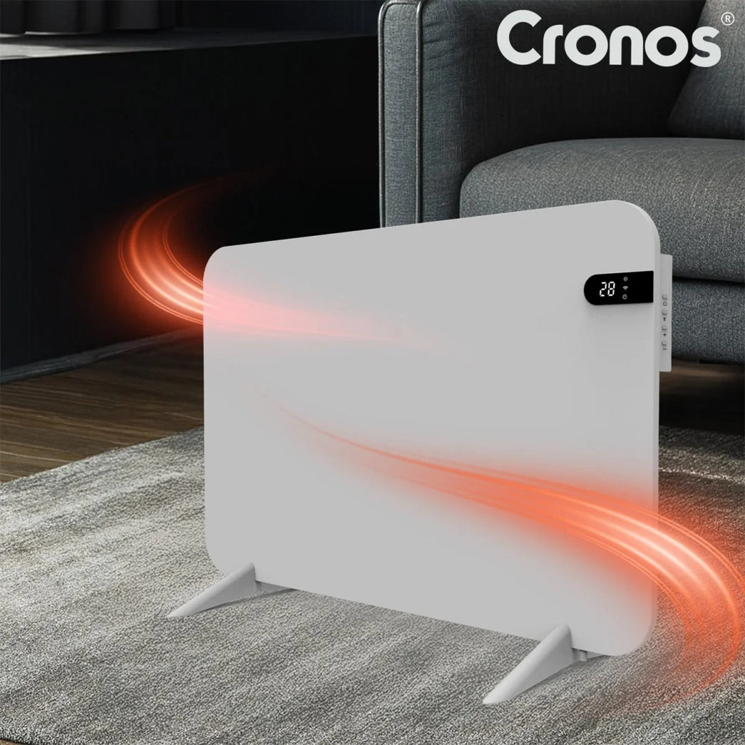 Radiateur électrique Cronos, couleur blanche, puissance 450 W, chauffe une pièce jusqu'à 14 m², thermostat intégré, commande par télécommande, fonction de détection de fenêtre ouverte, pieds inclus, WFH-450TW