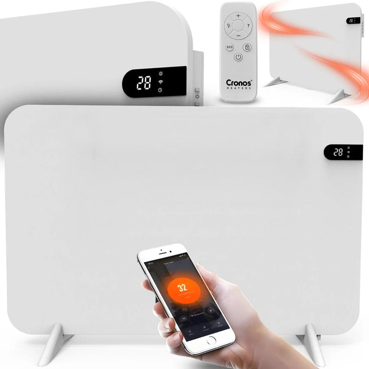 Radiateur électrique Cronos, couleur blanche, puissance 450 W, chauffe une pièce jusqu'à 14 m², thermostat intégré, commande par télécommande, fonction de détection de fenêtre ouverte, pieds inclus, WFH-450TW