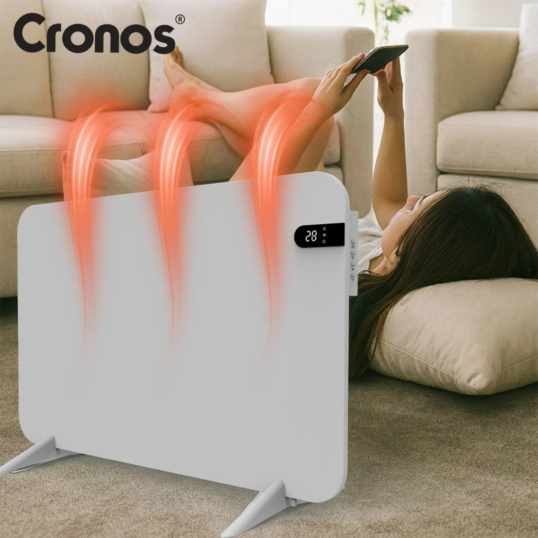 Radiateur électrique Cronos, couleur blanche, puissance 450 W, chauffe une pièce jusqu'à 14 m², thermostat intégré, commande par télécommande, fonction de détection de fenêtre ouverte, pieds inclus, WFH-450TW