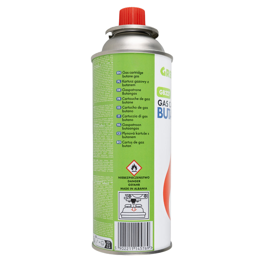 Cartouche de gaz GreenBlue 227 g. Certificat : Pi 0875, conforme à la norme EN 417, butane, plage de fonctionnement : -10 °C à +40 °C, GB227
