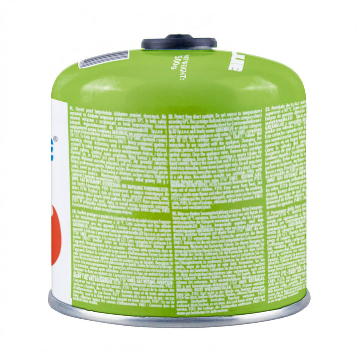 Cartouche de gaz GreenBlue de 500 g. Certification : Pi 0437, conforme à la norme EN 417, butane-propane, plage de température de -10 °C à +40 °C, raccord fileté 7/16'' GB499