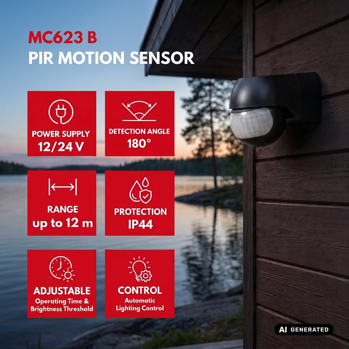 Détecteur de mouvement PIR 12-24 V Maclean, infrarouge, IP44, noir, portée de 12 m, charge max. 60/120 W, MCE623 B