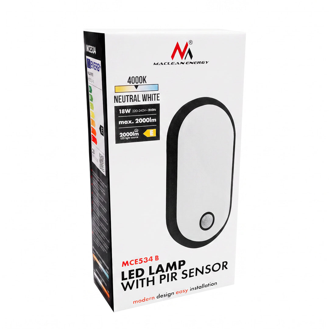 Lampe LED avec détecteur de mouvement Maclean, détecteur PIR, noire, 10 W/15 W/18 W, IP65, couleur réglable 3 000/4 000/6 000 K, MCE534 B