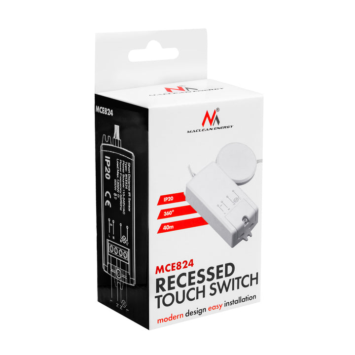 Interrupteur tactile encastrable Maclean, <40 mm, 110-240 V CA, charge max. 600 W pour LED, MCE824