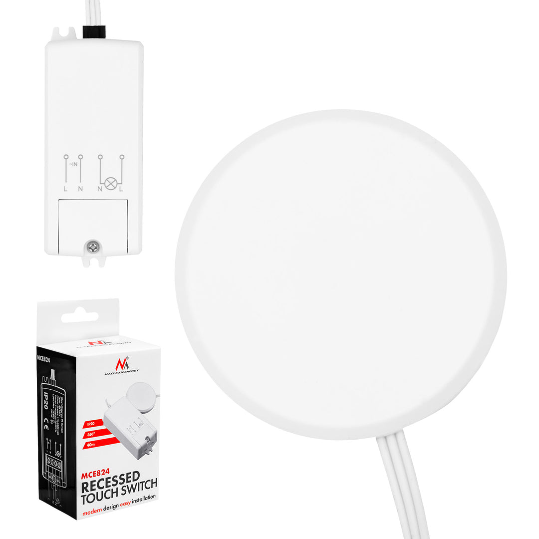 Interrupteur tactile encastrable Maclean, <40 mm, 110-240 V CA, charge max. 600 W pour LED, MCE824