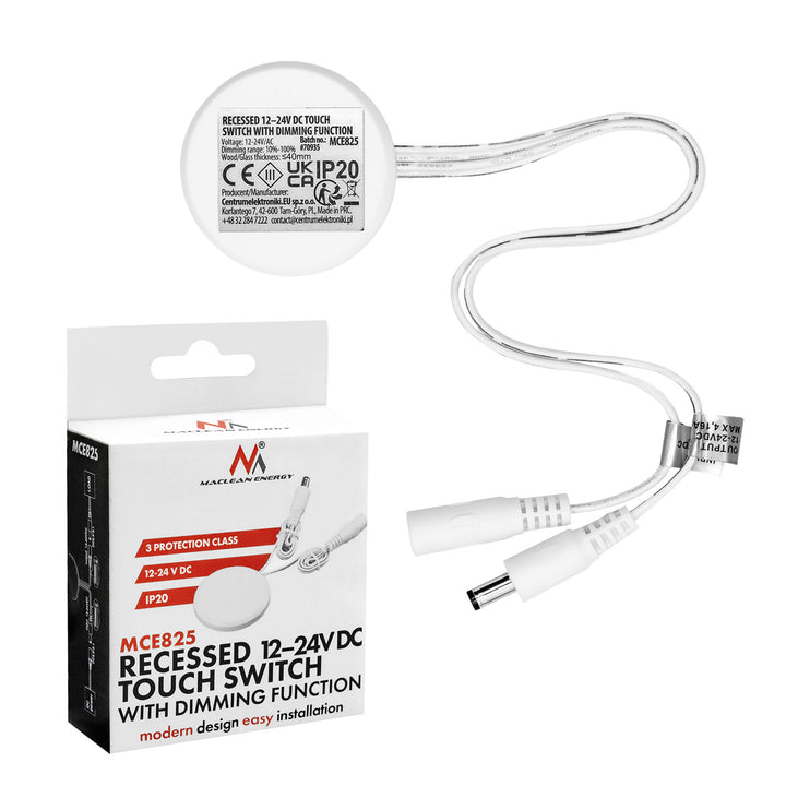 Interrupteur tactile encastrable Maclean, <40 mm, 12-24 V CC, charge max. 48/96 W, MCE825