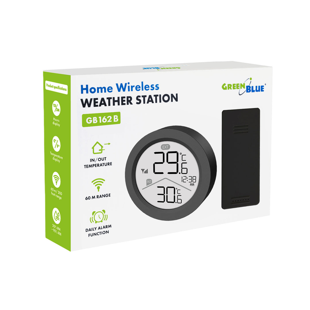 Station météo sans fil GreenBlue, température intérieure/extérieure, horloge, choix entre °C et °F, portée jusqu'à 60 m, noire, GB162 B