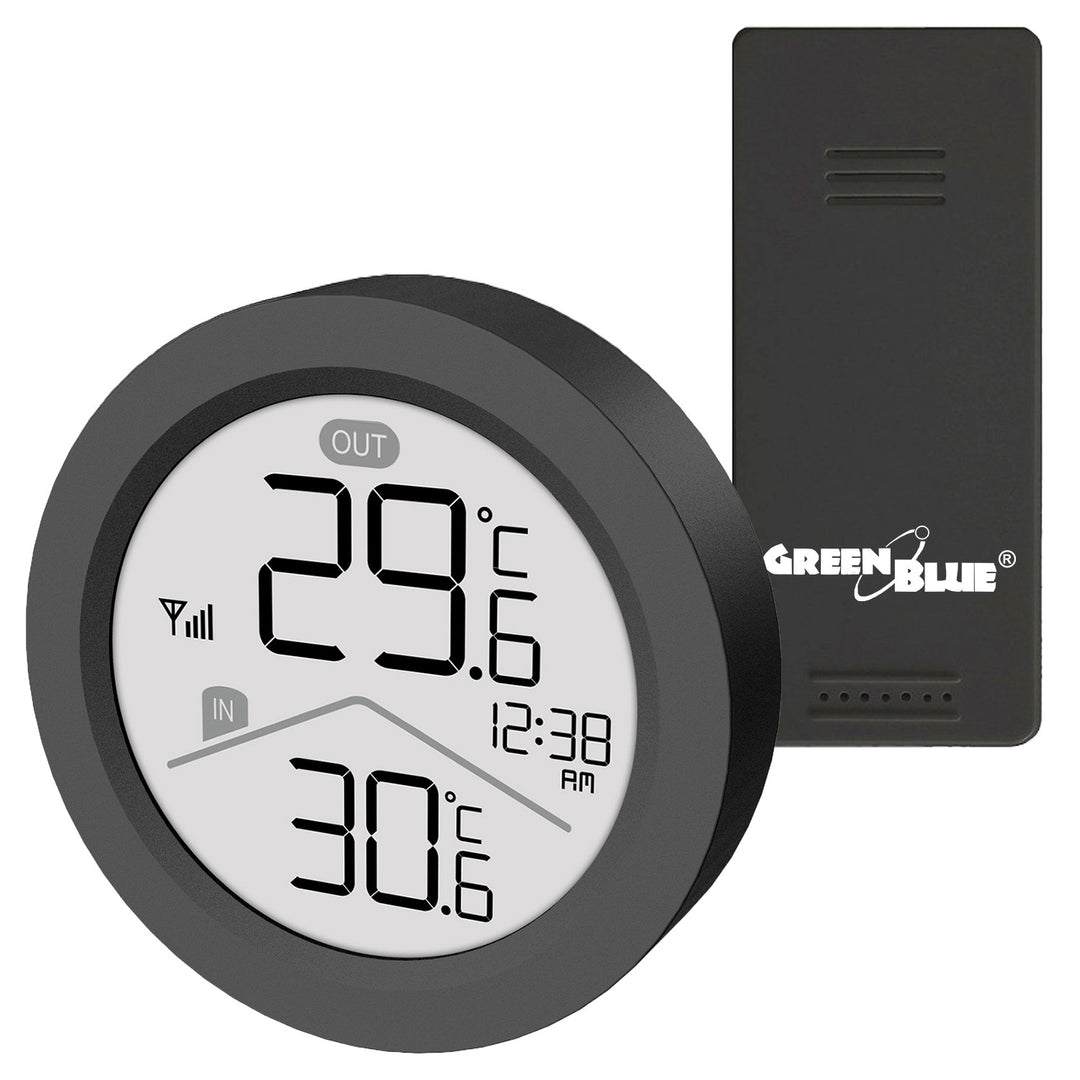 Station météo sans fil GreenBlue, température intérieure/extérieure, horloge, choix entre °C et °F, portée jusqu'à 60 m, noire, GB162 B
