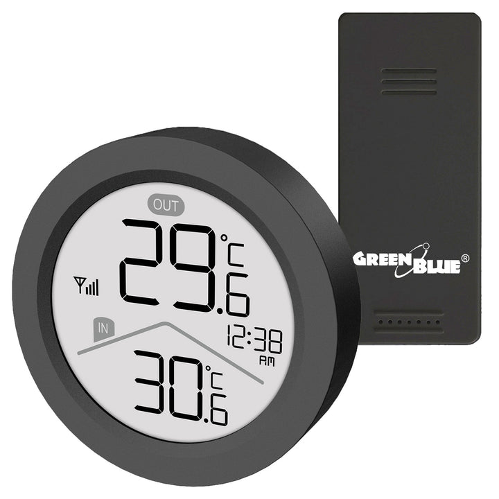 Station météo sans fil GreenBlue, température intérieure/extérieure, horloge, choix entre °C et °F, portée jusqu'à 60 m, noire, GB162 B