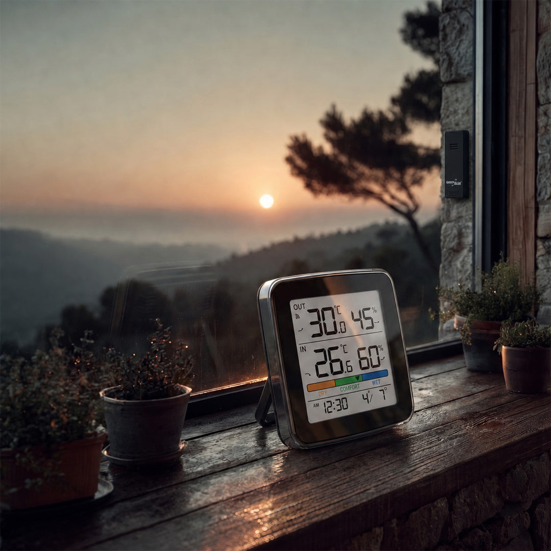 Station météo sans fil GreenBlue, température et humidité (intérieur/extérieur), horloge, alarme et date, °C / °F, portée jusqu'à 60 m, noire, GB169 B