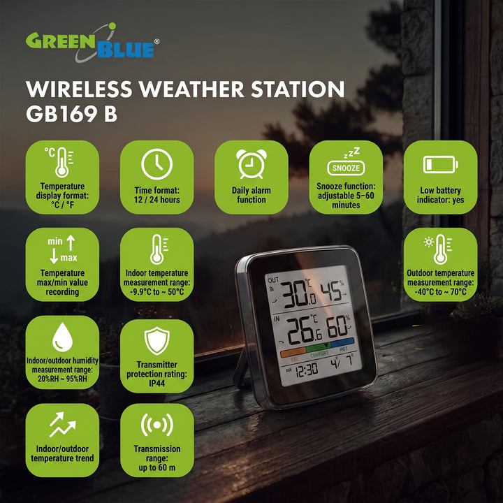 Station météo sans fil GreenBlue, température et humidité (intérieur/extérieur), horloge, alarme et date, °C / °F, portée jusqu'à 60 m, noire, GB169 B
