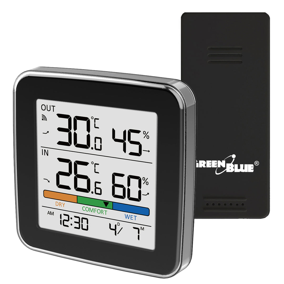 Station météo sans fil GreenBlue, température et humidité (intérieur/extérieur), horloge, alarme et date, °C / °F, portée jusqu'à 60 m, noire, GB169 B
