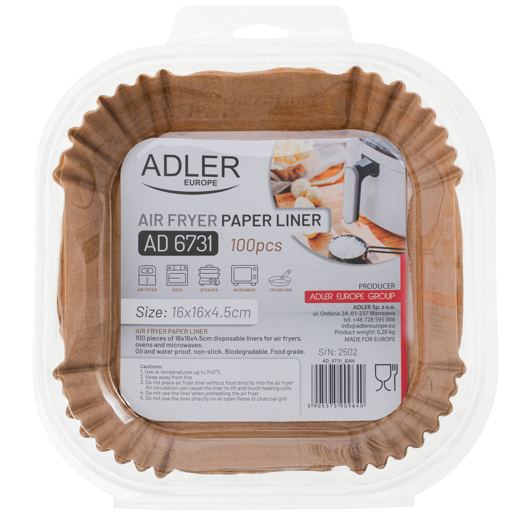 Cartouches en papier pour friteuse, airfryer, Adler, 16 cm, jusqu'à 240 °C, biodégradables, 500 pièces, AD 6731