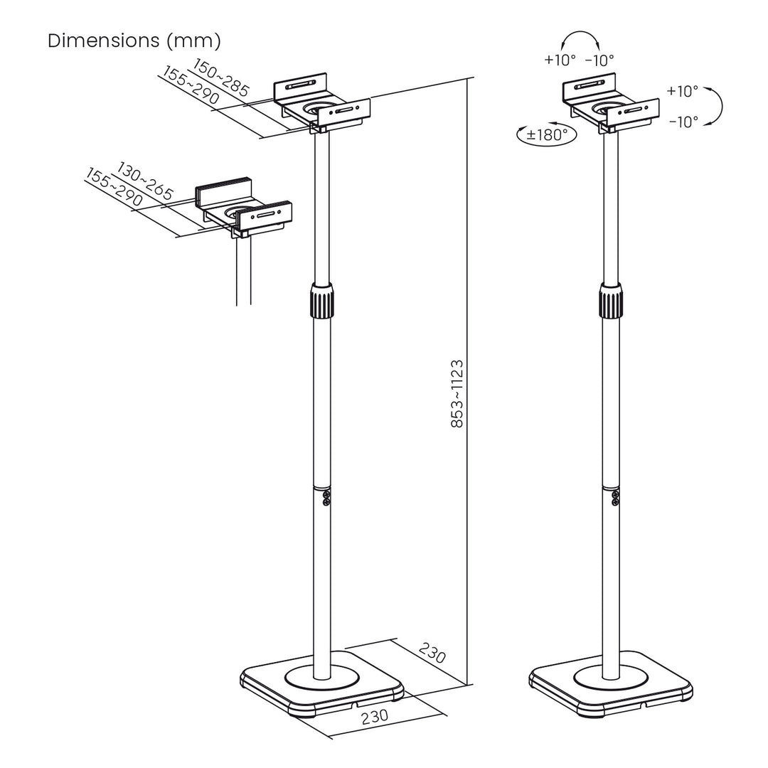 Lot de pieds de sol pour enceintes Maclean, universels, réglables verticalement et horizontalement de +10° à -10°, 5 kg max., MC-916