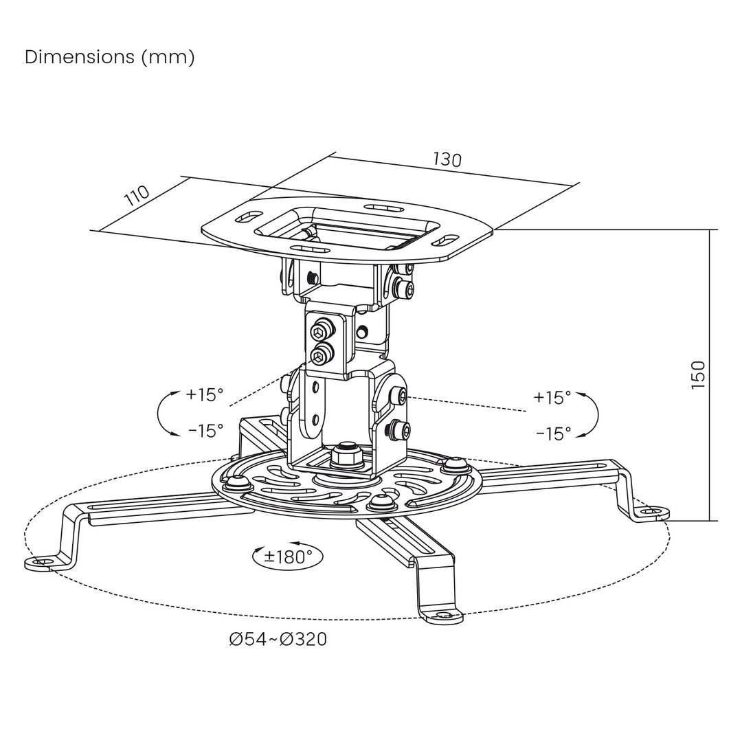 Support / suspension au plafond pour projecteur Maclean, 54 à 320 mm, jusqu'à 13,5 kg, rotation à 360 degrés MC-200 W