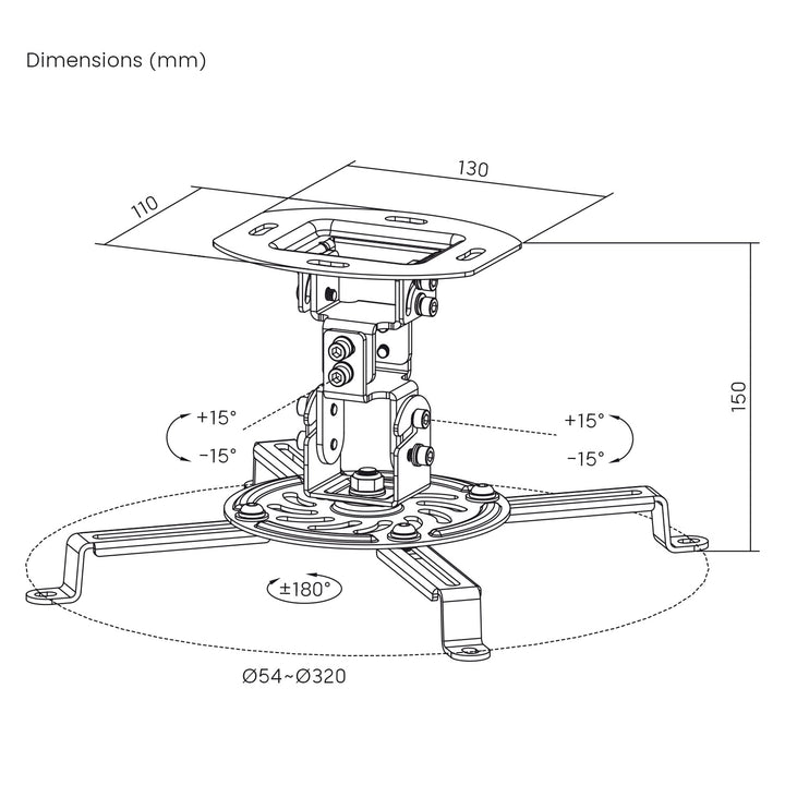 Support / suspension au plafond pour projecteur Maclean, 54 à 320 mm, jusqu'à 13,5 kg, rotation à 360 degrés MC-200 W