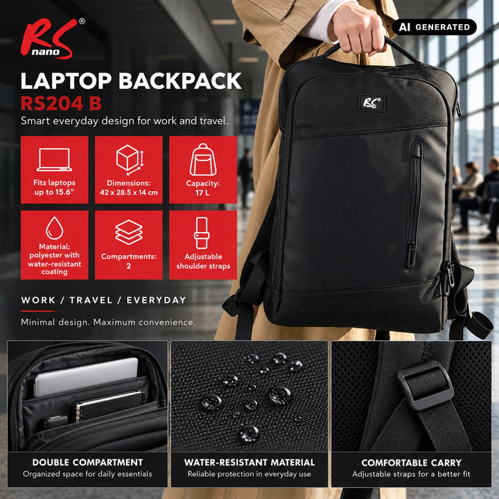 Sac à dos pour ordinateur portable NanoRS, 15,6 pouces, noir, 42 x 28,5 x 14, imperméable RS204 B