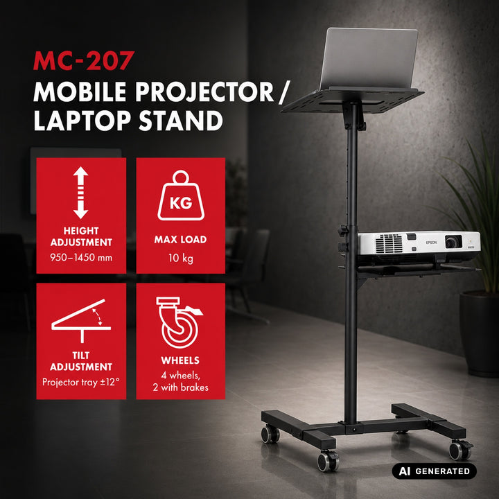 Tablette mobile réglable Maclean pour projecteur/ordinateur portable, en acier, charge max. 10 kg, MC-207
