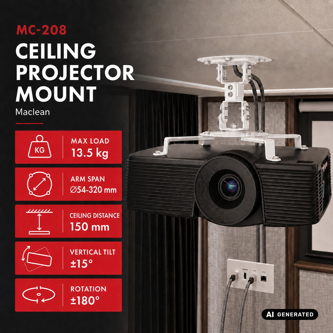 Support / suspension au plafond pour projecteur Maclean, en acier, 180 à 310 mm, jusqu'à 15 kg, MC-208 W